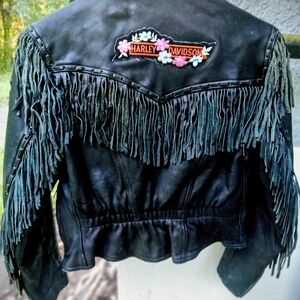 Harley-Davidson Black Leather Jacket with Fringe and Embroidery